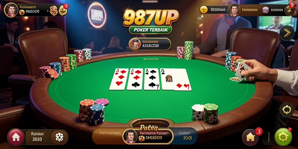 Tampilan screenshot utama 987UP menampilkan aksi permainan poker yang mendebarkan.