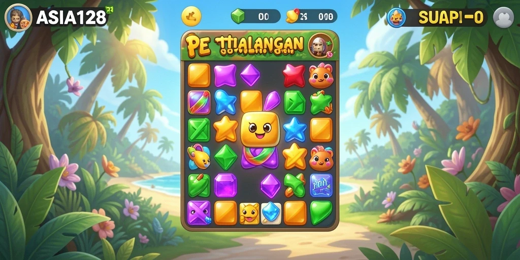 Tangkapan layar utama ASIA128 menampilkan gameplay menakjubkan di dunia Match-3.