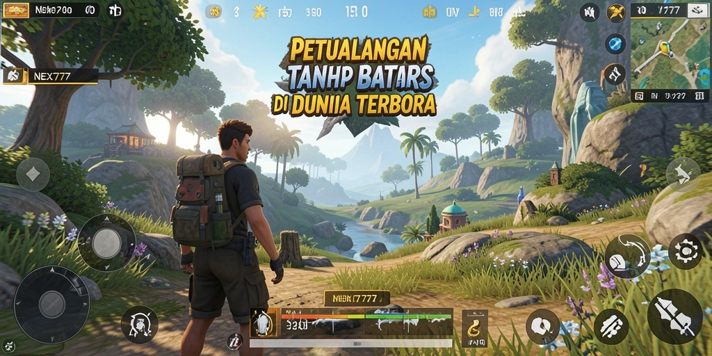 Screenshot gameplay NEX777 menampilkan eksplorasi dunia terbuka yang luas.