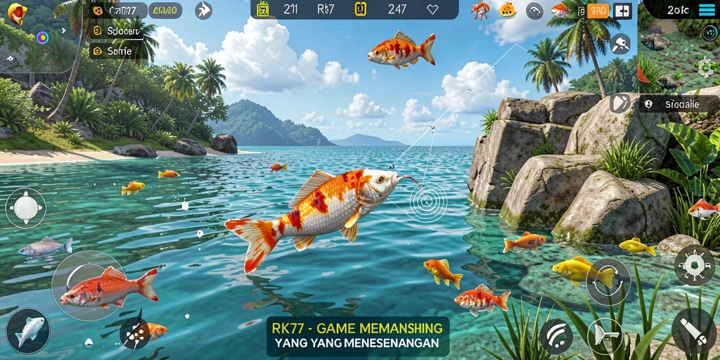 Gameplay RK77 yang menarik saat menangkap ikan di lokasi yang indah.