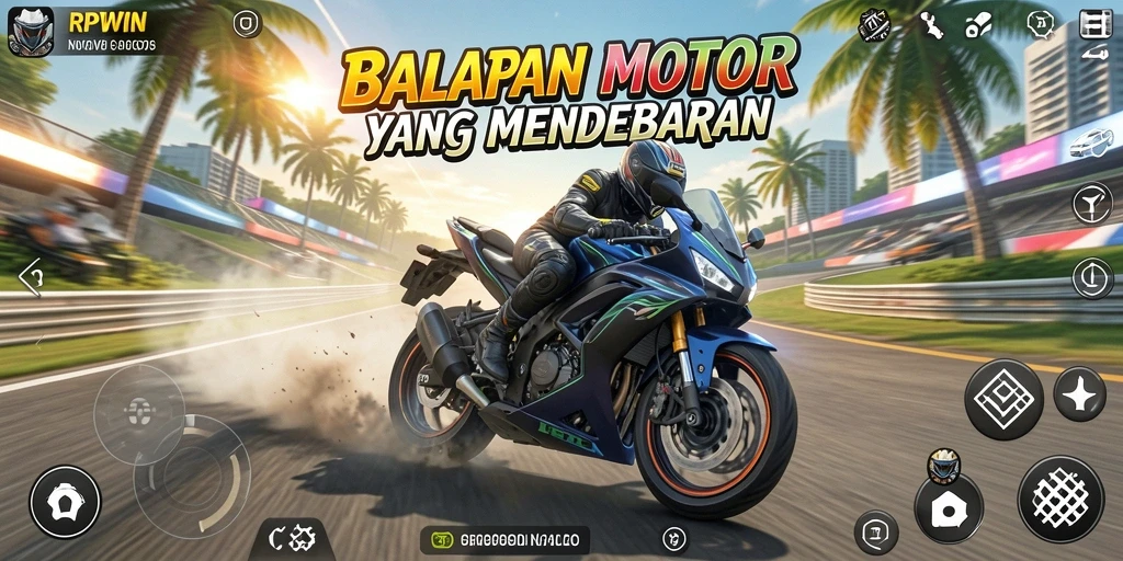 Screenshot gameplay RPWIN yang menampilkan balapan motor yang mendebarkan.