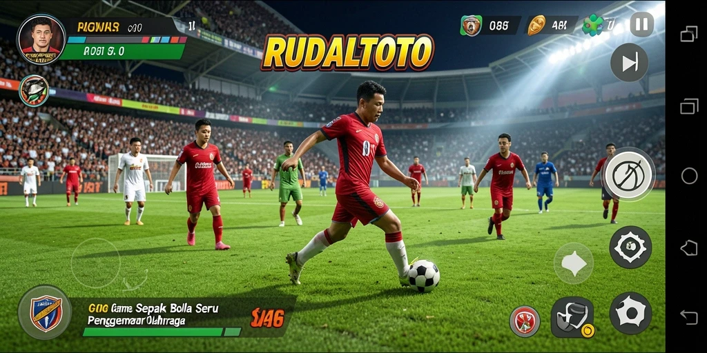 Tampilan gameplay RUDALTOTO dengan aksi sepak bola yang seru.