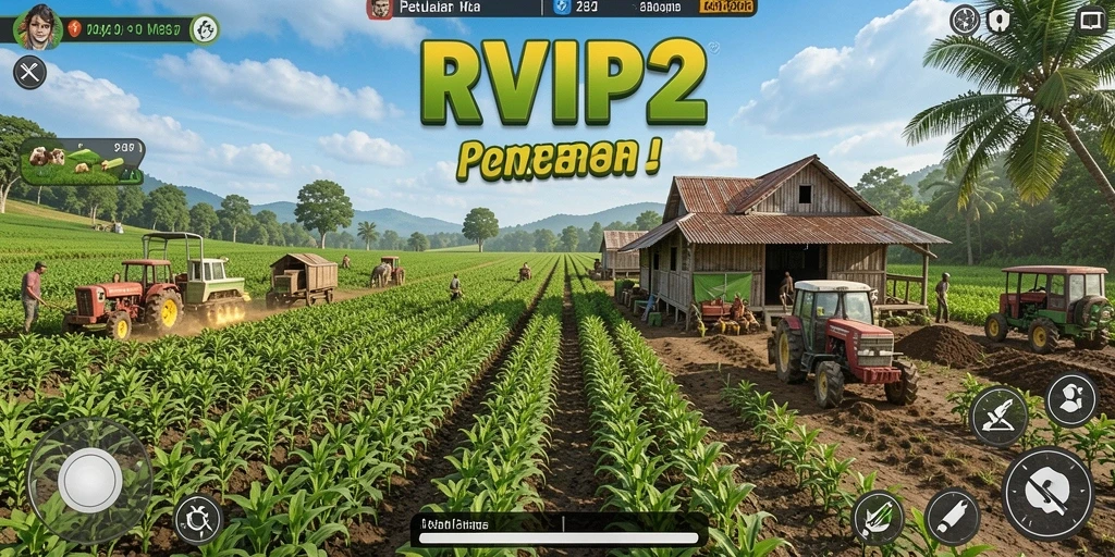 Screenshot menampilkan gameplay menyenangkan di RVIP2 dengan pertanian yang subur.