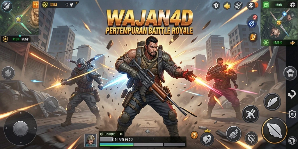 Screenshot utama WAJAN4D yang menampilkan aksi pertempuran Battle Royale yang seru.